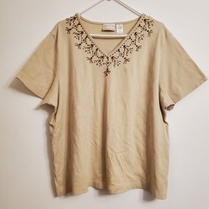 Womens Tan Beaded Neck Short Sleeve Ribbed Knit Material Top 2X Alfred Dunner
